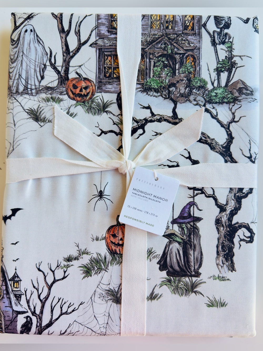 Pottery Barn Midnight Manor Cotton Halloween Tablecloth 70"x108" NWT Retail $129